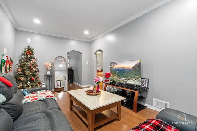 a living room with furniture a potted plant and a fireplace