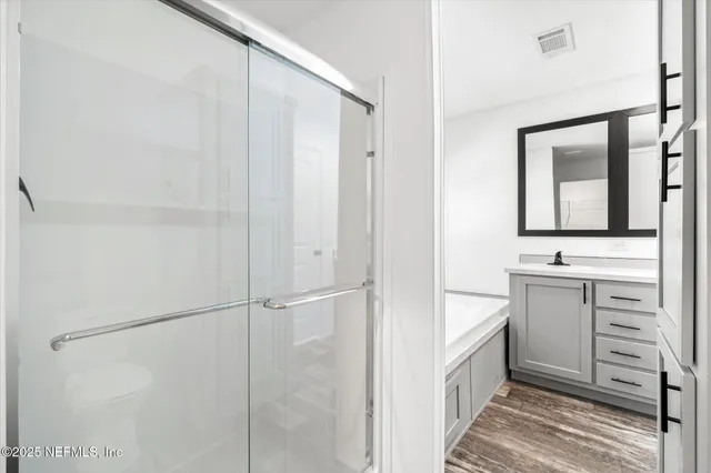 a bathroom with a sink a mirror and a shower