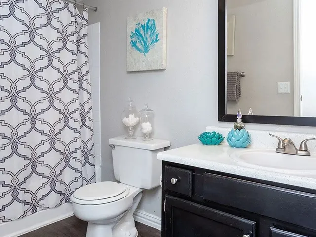 a bathroom with a granite countertop sink and a toilet