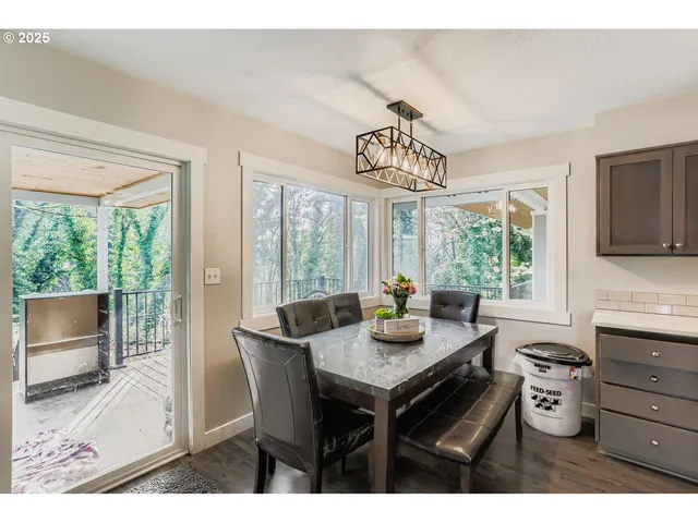 a view of a dining room with furniture window and outside view