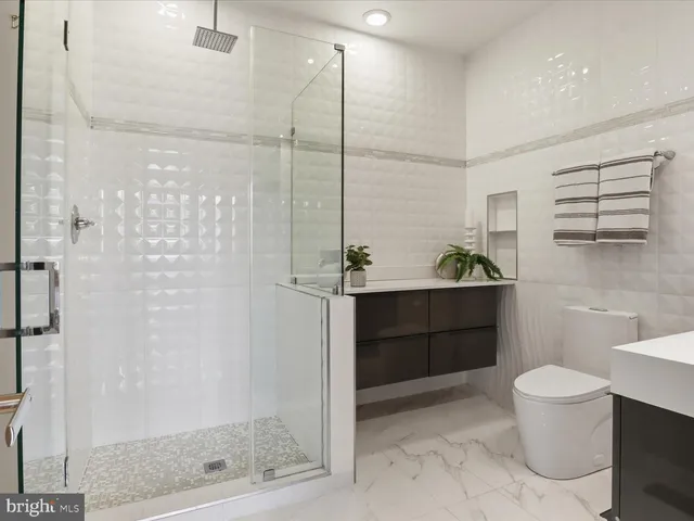 a bathroom with a shower and a toilet