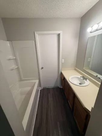 a bathroom with a sink a mirror and a bathtub