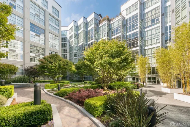 a view of a park with large trees