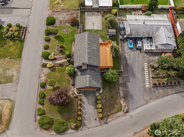 an aerial view of a swimming pool