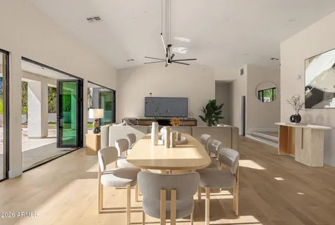 a view of a dining room with furniture