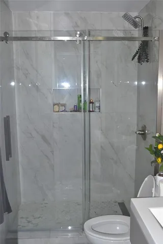 a bathroom with a shower and a toilet
