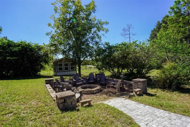 a view of a backyard with sitting area
