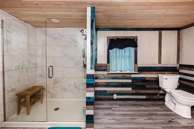 a bathroom with a toilet and a shower