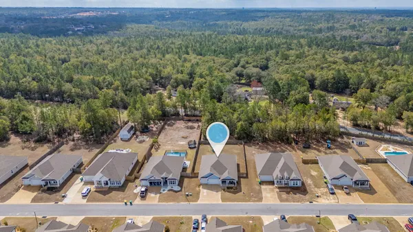 an aerial view of a residential houses with outdoor space and trees