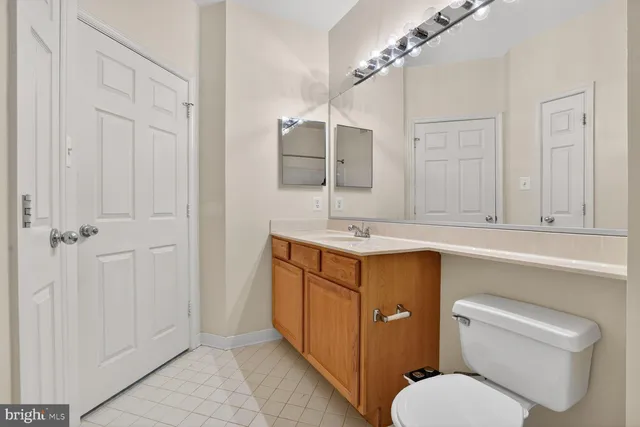 a bathroom with a sink toilet vanity and mirror