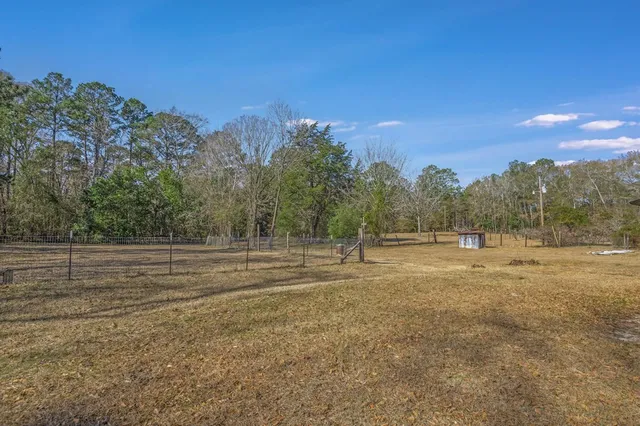 a view of a field with an trees