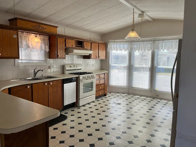 a kitchen with a sink a stove and a refrigerator