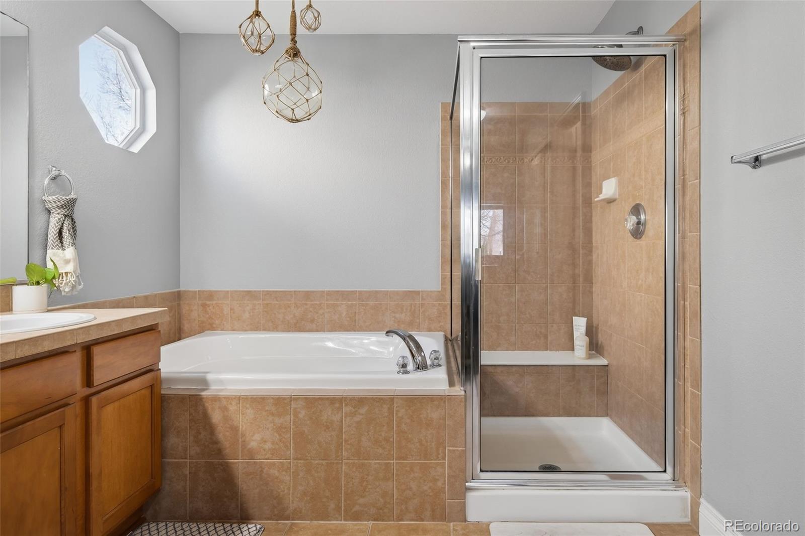 6737 Thistle Ridge Avenue Firestone, CO 80504 - Photo 18 of 39 a bathroom with a tub a sink and a mirror