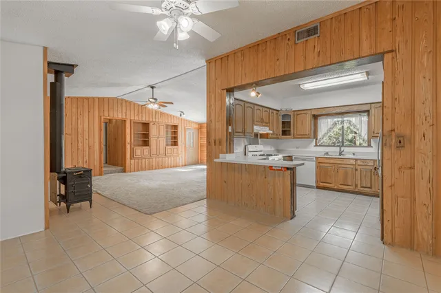 a living room with a sink and cabinets