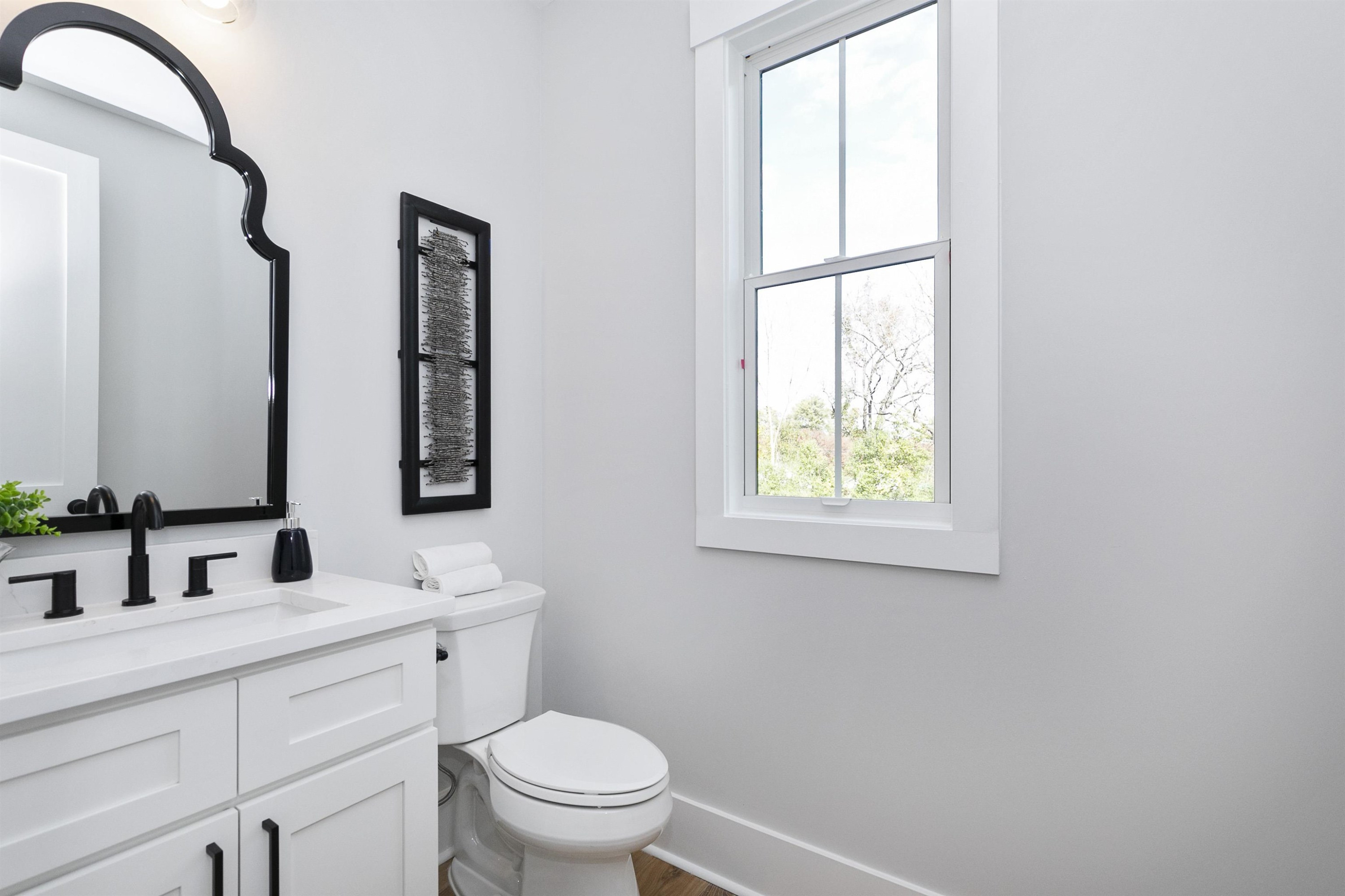 114 Summit Avenue Raleigh, NC 27603 - Photo 24 of 62 a bathroom with a toilet a sink a vanity a window and mirror