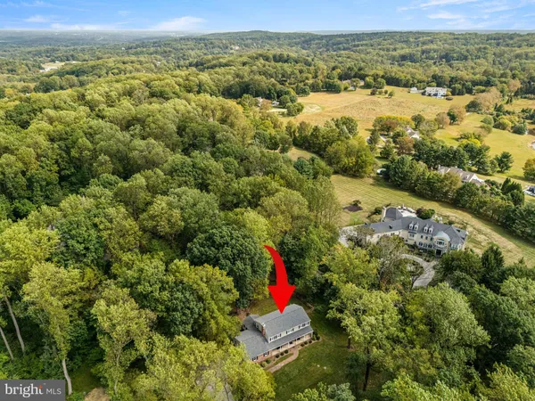 an aerial view of residential houses with outdoor space and trees