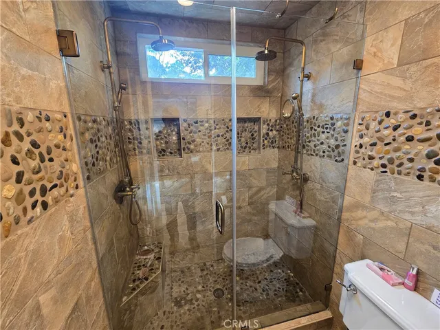 a bathroom with a shower and toilet