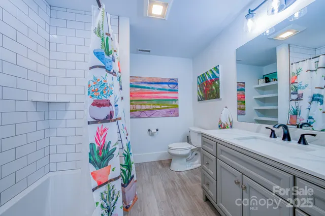 a bathroom with a sink mirror vanity and toilet