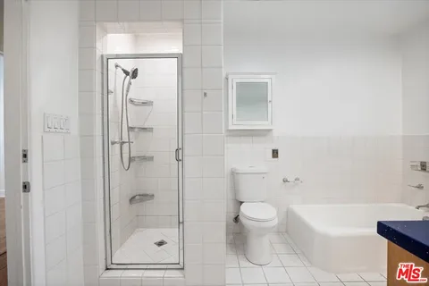 a bathroom with a shower a toilet and a bathtub