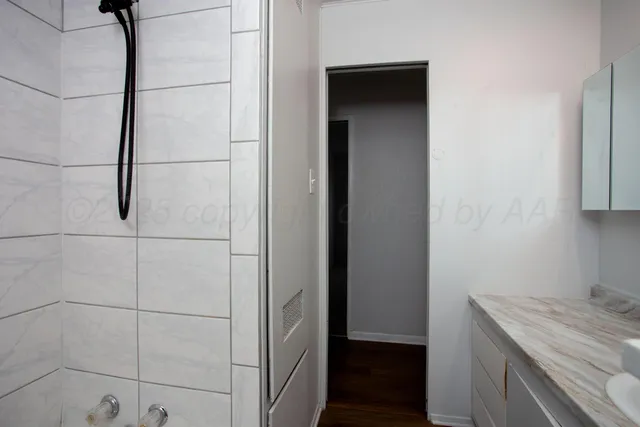 a bathroom with a shower and a sink