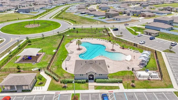 an aerial view of a swimming pool
