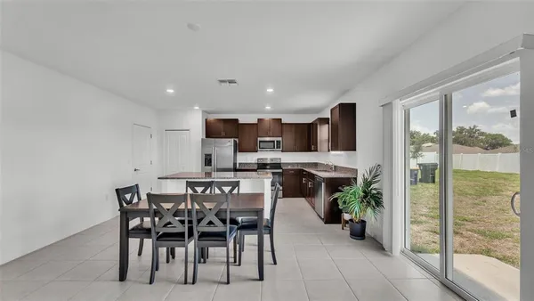 a view of a dining room with furniture window and outside view