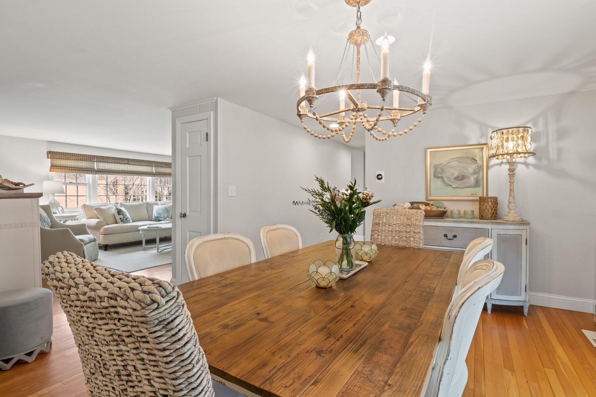 29 Jesse Eldredge Road Harwich, MA 02645 - Photo 26 of 56 a dining room with furniture a chandelier and wooden floor