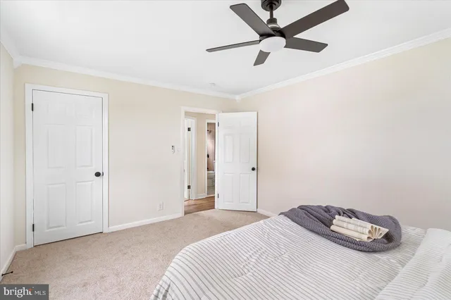 a bedroom with a bed and a ceiling fan