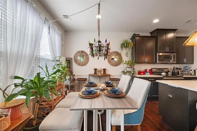 a view of a dining room and furniture