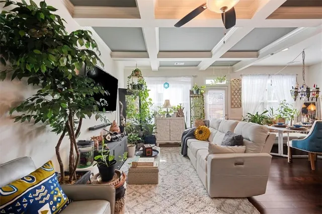 a living room with furniture and a potted plant