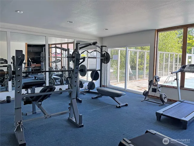a living room with furniture gym equipment and a large window