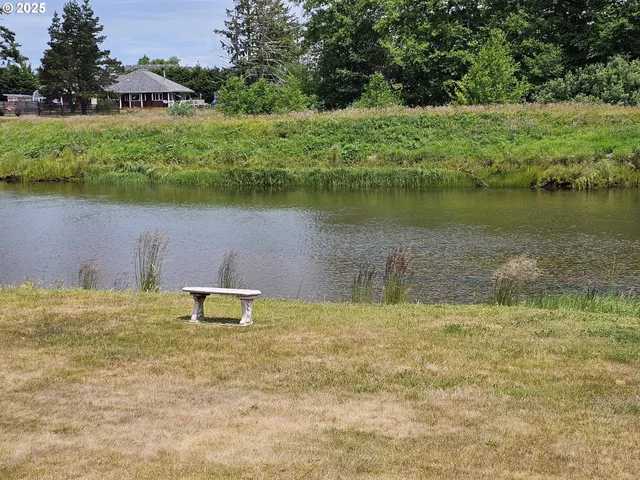 a view of a lake with a yard and trees