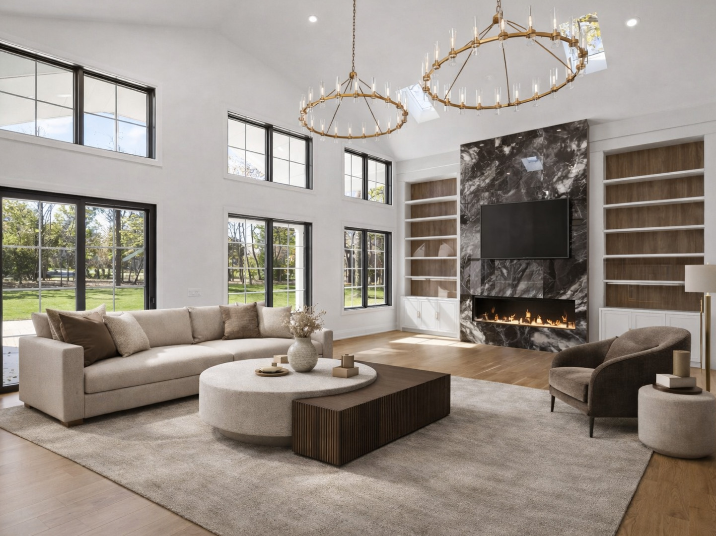 1851 Oakwood Road Northbrook, IL 60062 - Photo 5 of 15 a living room with furniture a fireplace and a chandelier