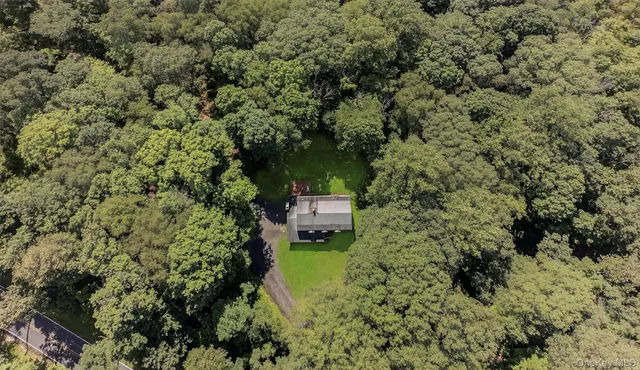 an aerial view of residential houses with outdoor space and trees