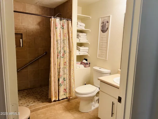 a bathroom with a shower and a toilet
