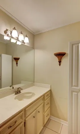 a bathroom with a sink vanity and a mirror