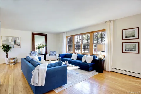 a living room with furniture couches and a large window