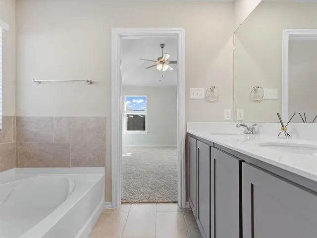a bathroom with a sink double vanity and a mirror