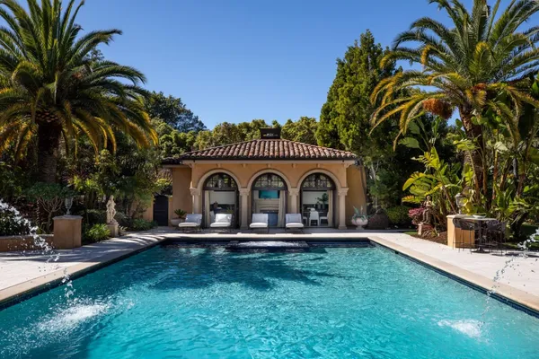 a view of a backyard with plants and a patio