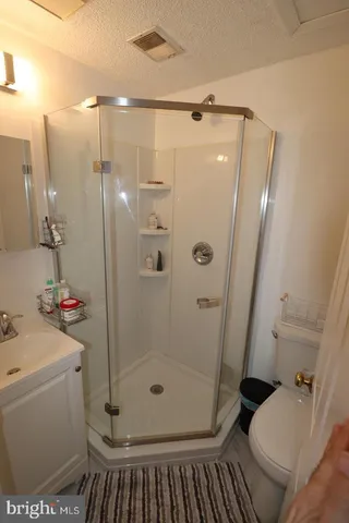 a bathroom with a shower a toilet and sink