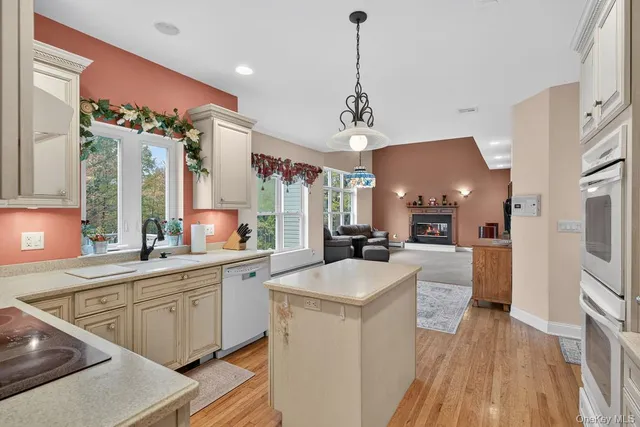 a large kitchen with a sink a counter space appliances and cabinets