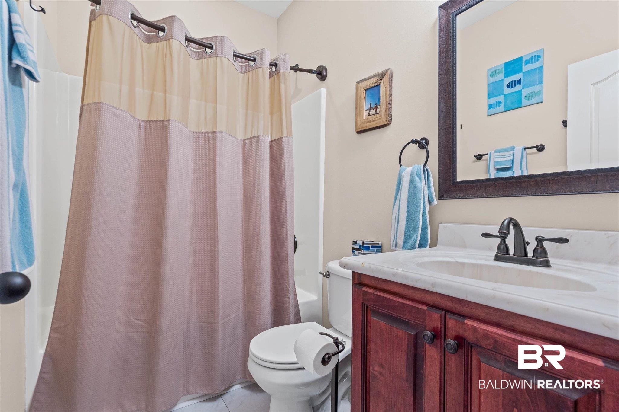 6175 South Grand Bay Wilmer Road Grand Bay, AL 36541 - Photo 15 of 42 Full bath featuring shower / bath combo, vanity, and light tile patterned floors