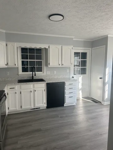a kitchen with granite countertop a stove a sink and wooden floors