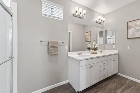 a bathroom with a sink shower and a mirror