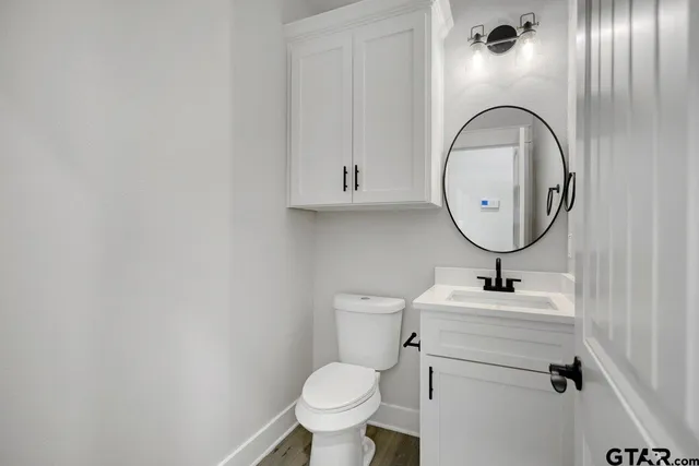 a bathroom with a sink mirror and toilet