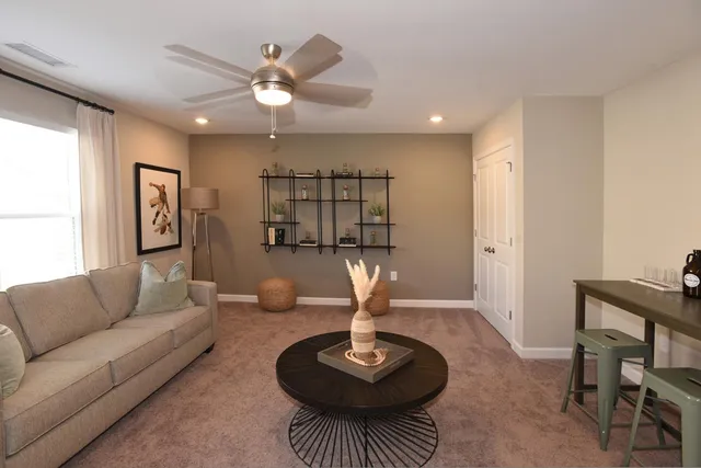 a living room with furniture a rug and a chandelier