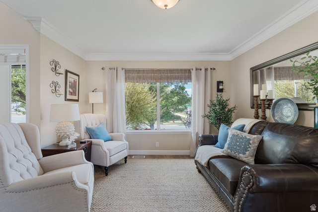 14883 Tooele Lane Draper, UT 84020 - Photo 15 of 49 Living area featuring light-toned walls, crown molding, and a large window with exterior views