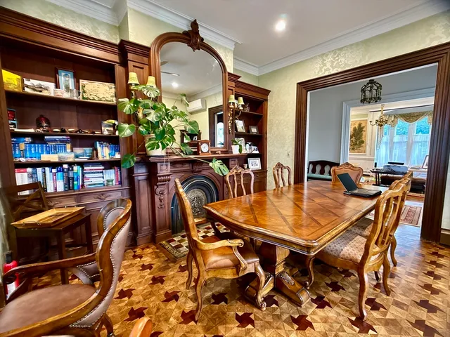a view of a dining room with furniture
