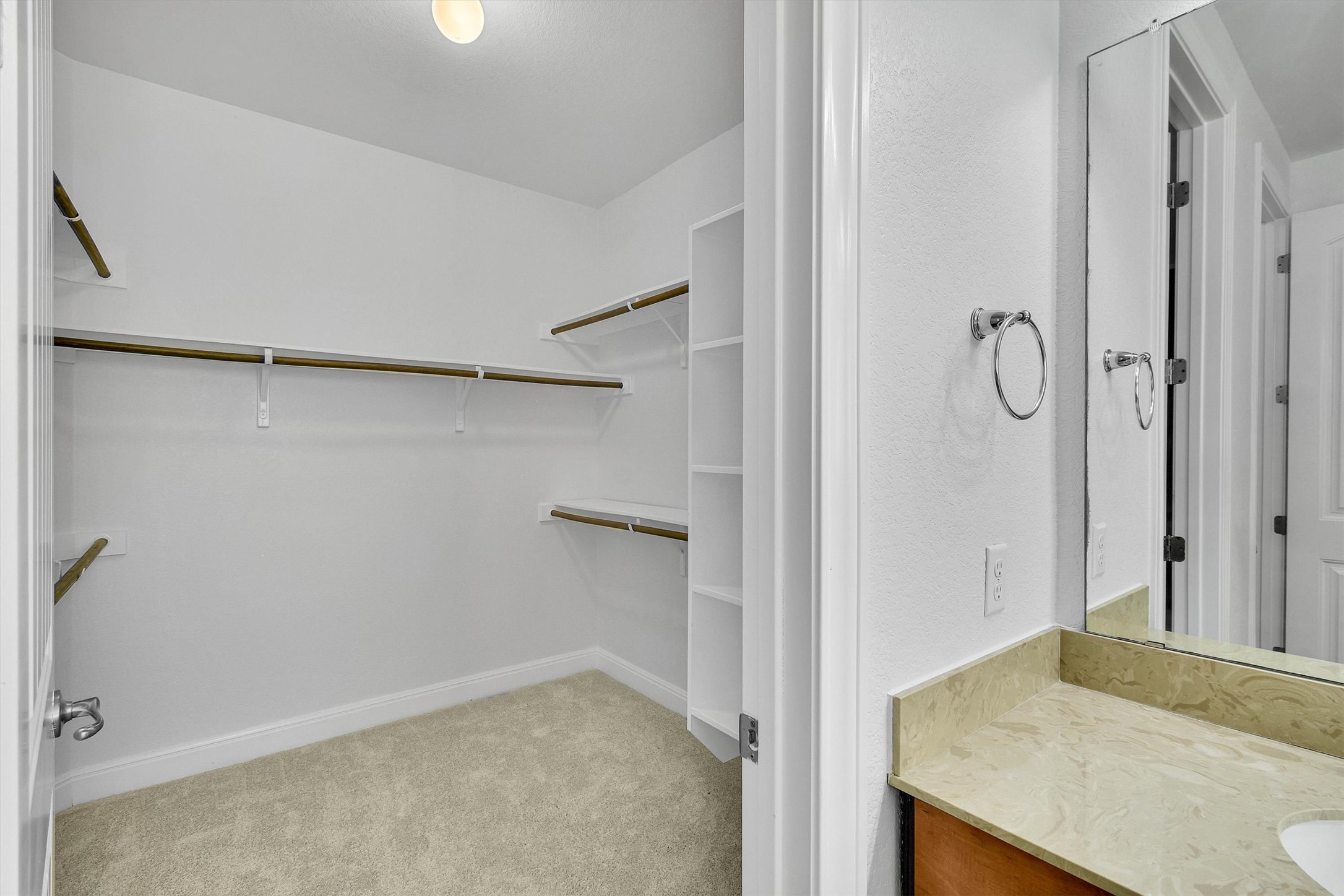 2325 Blended Tree Ranch Drive Leander, TX 78641 - Photo 27 of 35 A well-organized walk-in closet with integrated shelving offers ample storage, conveniently located beside a clean bathroom vanity.