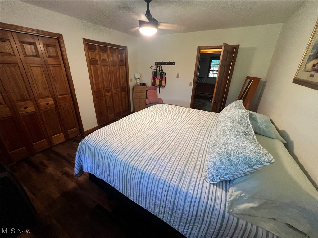 86422 North Bay Road Scio, OH 43988 - Photo 13 of 47 Bedroom with multiple closets, dark wood-type flooring, a textured ceiling, and ceiling fan